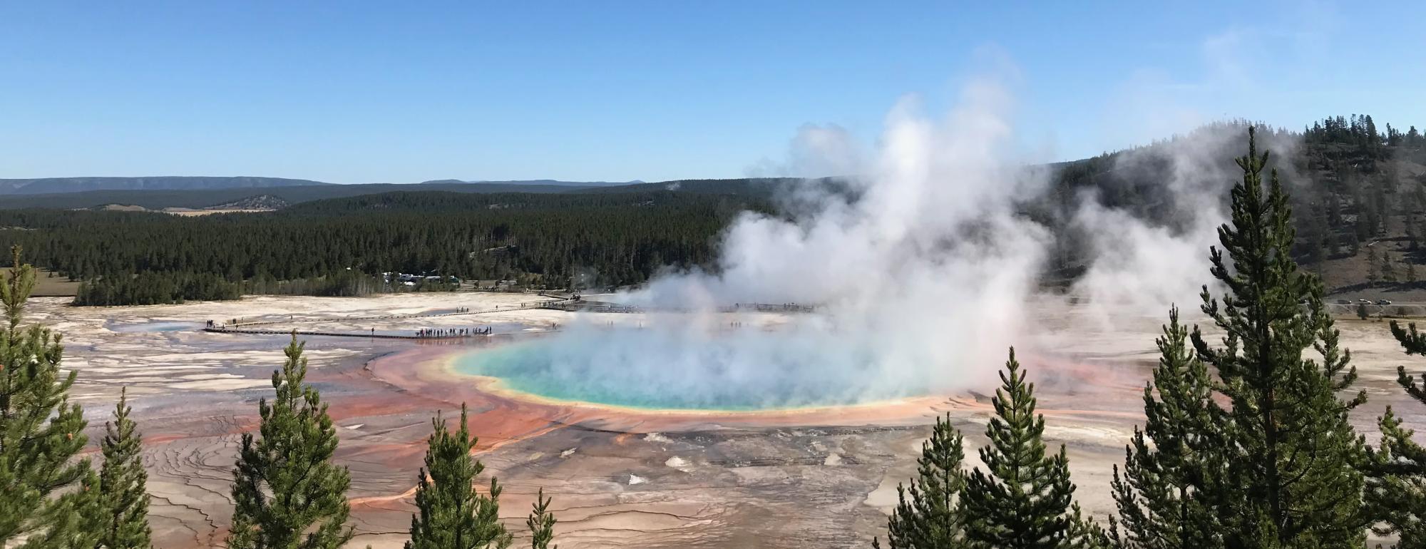 Grand Prismatic Spring with steam rising above