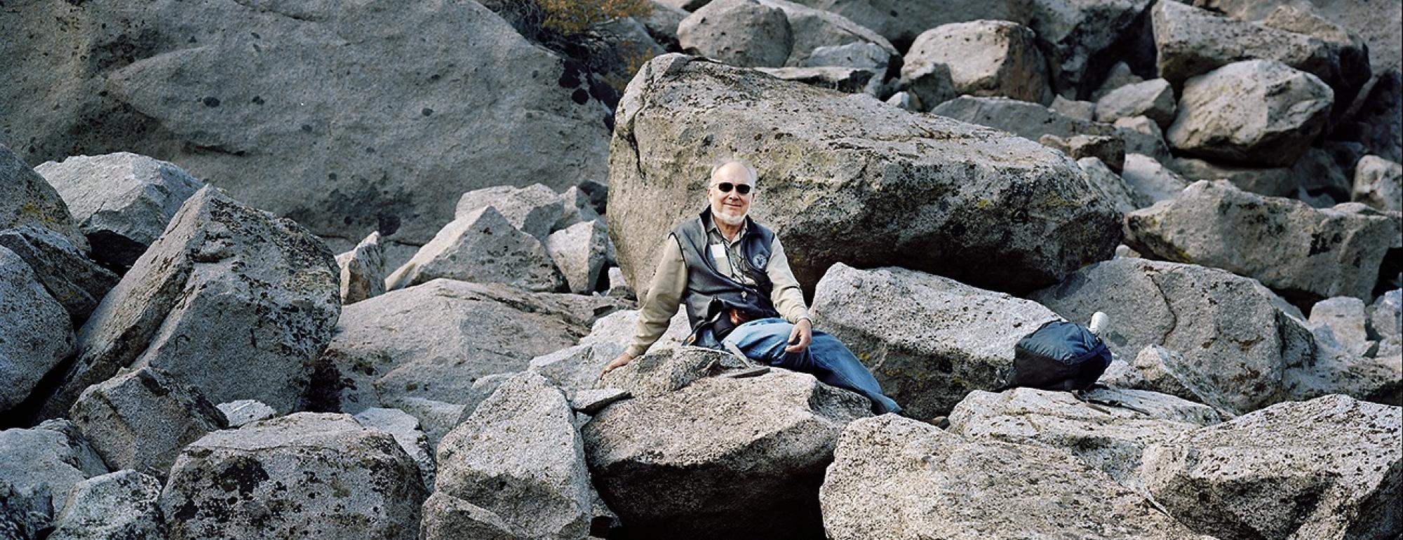 "Eldridge on the Rocks." ©Christopher Woodcock. The photo was taken at SNARL (Sierra Nevada Acquatic Research Laboratory), a UCSB run facility, during a geology field trip along the Eastern Escarpment of the Sierra Nevada Mountains near Mammoth Lakes.