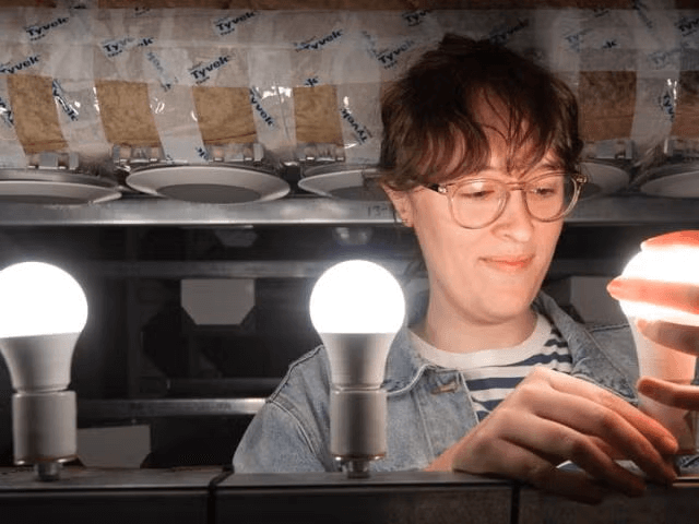 A researcher inspecting a row of light bulbs